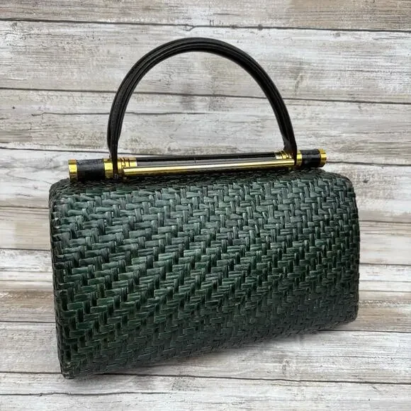 VTG Rodo Lacquered Wicker Basket Box Purse Green Framed Retro 50s 60s Italian - Picture 1 of 15